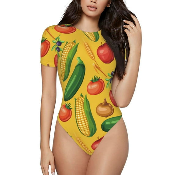 Daiia Colorful Vegetables print Women's Crew Neck Short Sleeve Bodysuit Fashion Tops Fit Casual Basic Extender Bodysuit-X-Large