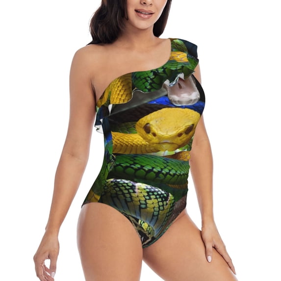 Daiia Colorful Viper Snake Women's One Piece Swimsuits Personalized One Shoulder Swimwear Asymmetric Ruffle Bathing Suits-Large