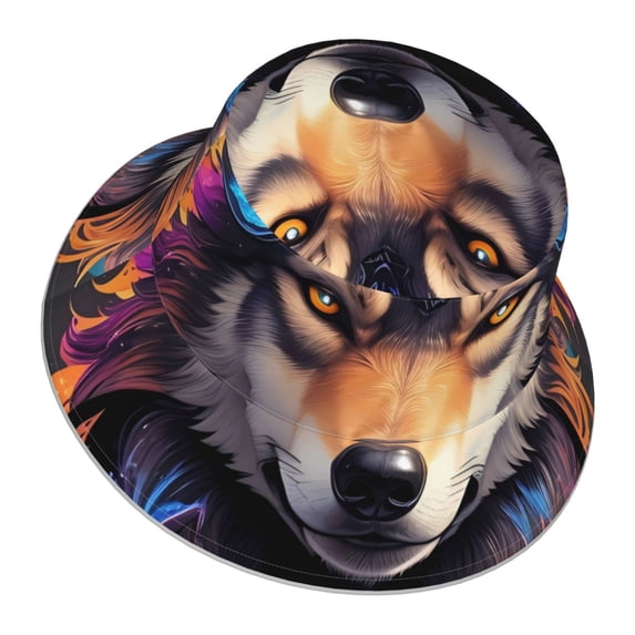 Daiia Colorful Wolf Head Pattern Bucket Hat - Trendy Cotton Sun Hat for Beach, Golf, Fishing - Fun Outdoor Vacation Boonie for Men and Women