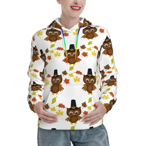 Daiia Colorful maple leaf owl Pattern Women's Fashion Hoodies & Sweatshirts with Kangaroo Pocket Hooded Sweatshirt with Eye-catching Drawstrings-Medium