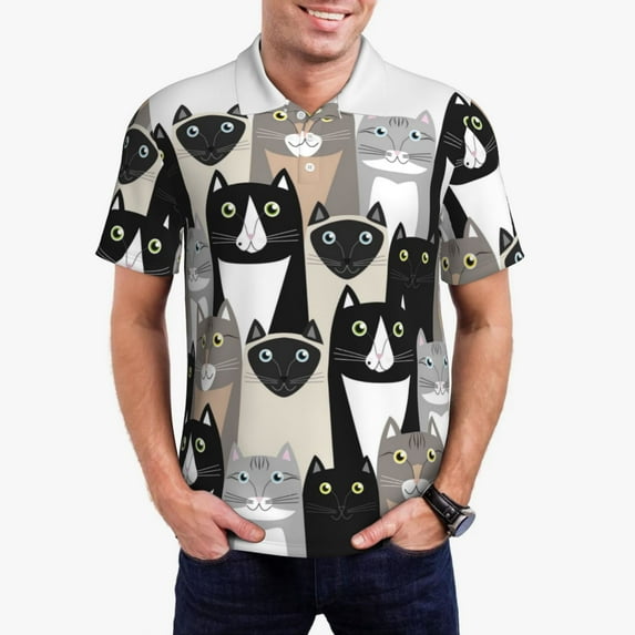 Daiia Colors Cats Pattern Men’s Polo Shirts,Solid Deck Shirt,Classic Fit, Breathable Cotton Polo for Casual and Sport Wear-X-Large