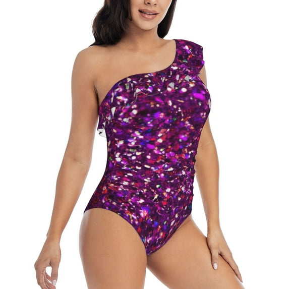 Daiia Colourful Glitter Women's One Piece Swimsuits Personalized One Shoulder Swimwear Asymmetric Ruffle Bathing Suits-Large