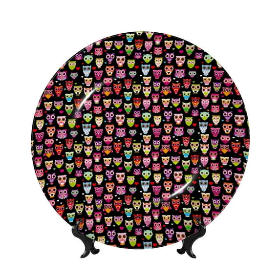 Daiia Colourfull Owl Printed Pattern Ceramic Plate Dinner Plates Bone China Decorative Plates with Display Stand Art Ceramic Ornaments for Wall Hanging Decoration-6in