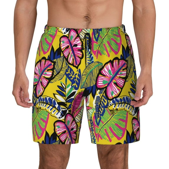 Daiia Colrful Tropical Leaves Mens Swim Trunks Swim Shorts Quick Dry Swim Shorts with Mesh Lining Pockets-3X-Large