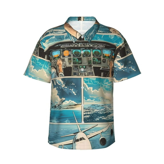 Daiia Comic Airplane Cockpit Illustration Hawaiian Shirt for Men Gentle Cotton Regular Short Sleeve Casual-Large