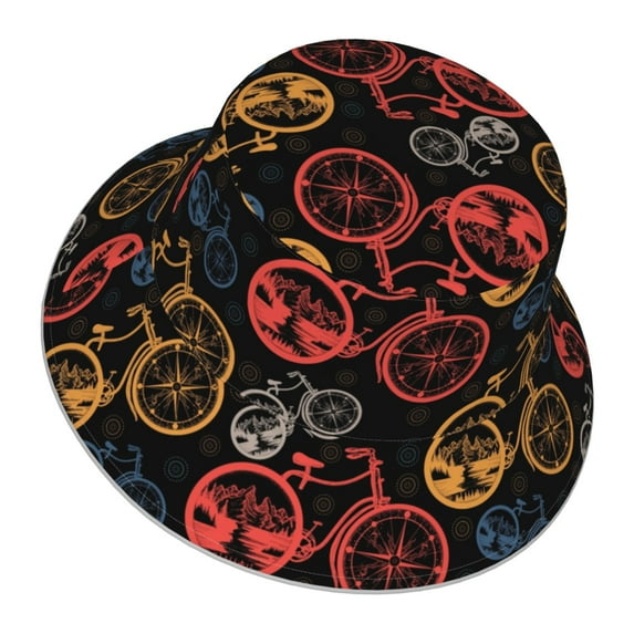 Daiia Compass And Mountains In Bicycle Wheels1 Pattern Bucket Hat - Trendy Cotton Sun Hat for Beach, Golf, Fishing - Fun Outdoor Vacation Boonie for Men and Women