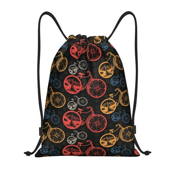 Daiia Compass And Mountains In Bicycle Wheels1 Pattern Drawstring Backpack, Gym Bag, Lightweight Backpack, Water-Resistant Bag Travel Sports Backpack, Fitness Bag, Yoga Bag-Small