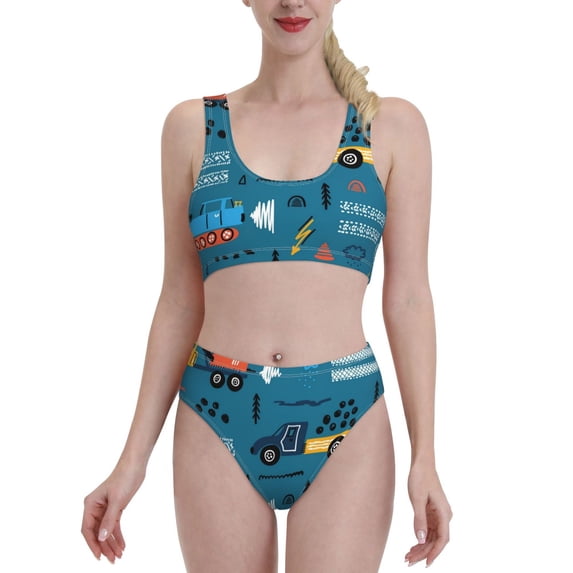 Daiia Construction Trucks printed 2 piece Swimsuit Bikinis for Women High Waisted Racerback Bathing Suits Summer Tummy Control Scoop Neck Swimwear-Medium