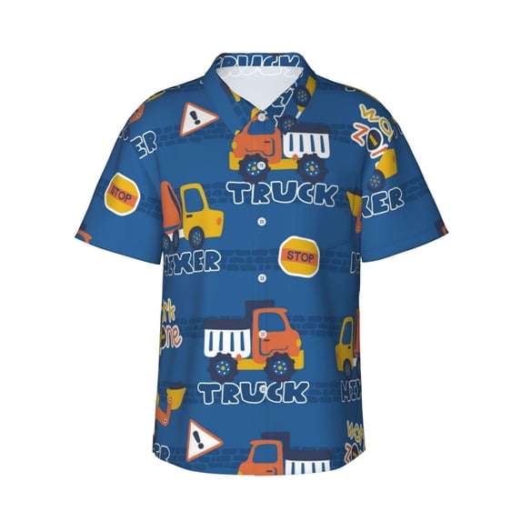 Daiia Construction Vehicles Hawaiian Shirt for Men Gentle Cotton Regular Short Sleeve Casual-Medium