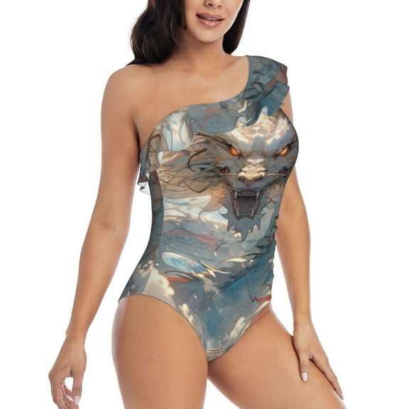 Daiia Cool Cloud White Dragon Women's One Piece Swimsuits Personalized One Shoulder Swimwear Asymmetric Ruffle Bathing Suits-X-Large