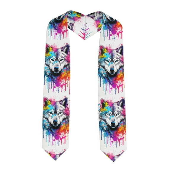 Daiia Cool Colorful Wolf Pattern Graduation Shawl Stole – Satin Graduation Stole Academic Stole Non-Slip Design-Sharp Corner