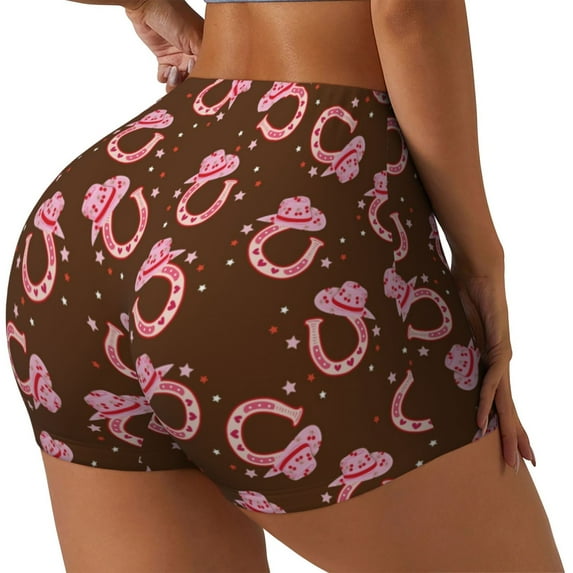 Daiia Cool Cowgirl Pattern Women's Workout Shorts Biker Shorts - High Waisted Workout Spandex Tummy Control Gym Running Yoga Shorts-Medium