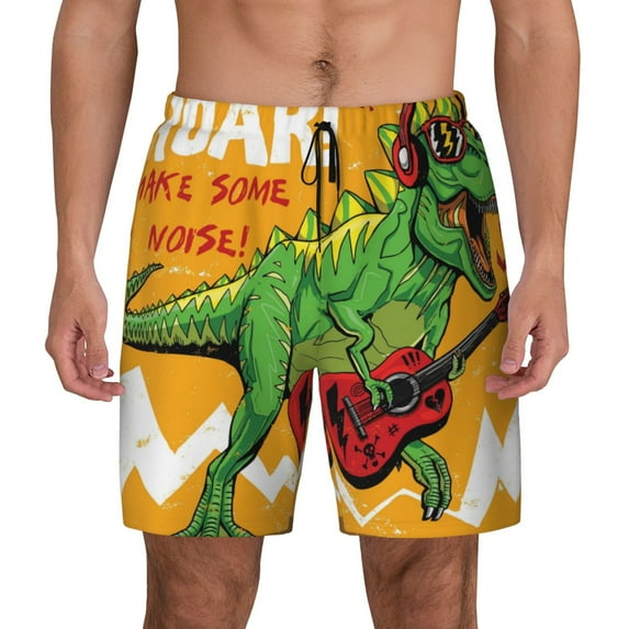 Daiia Cool Dinosaur Playing Guitar Mens Swim Trunks Swim Shorts Quick Dry Swim Shorts with Mesh Lining Pockets-Small