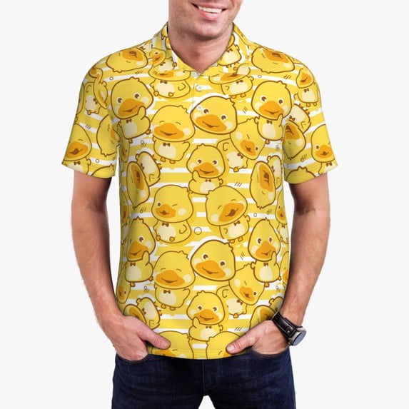 Daiia Cool Duck With Yellow Strip Pattern Men’s Polo Shirts,Solid Deck Shirt,Classic Fit, Breathable Cotton Polo for Casual and Sport Wear-Small