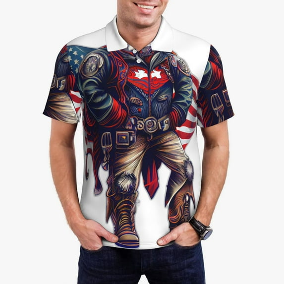 Daiia Cool Patriotic Buffalo Cowboy Pattern Men’s Polo Shirts,Solid Deck Shirt,Classic Fit, Breathable Cotton Polo for Casual and Sport Wear-Medium