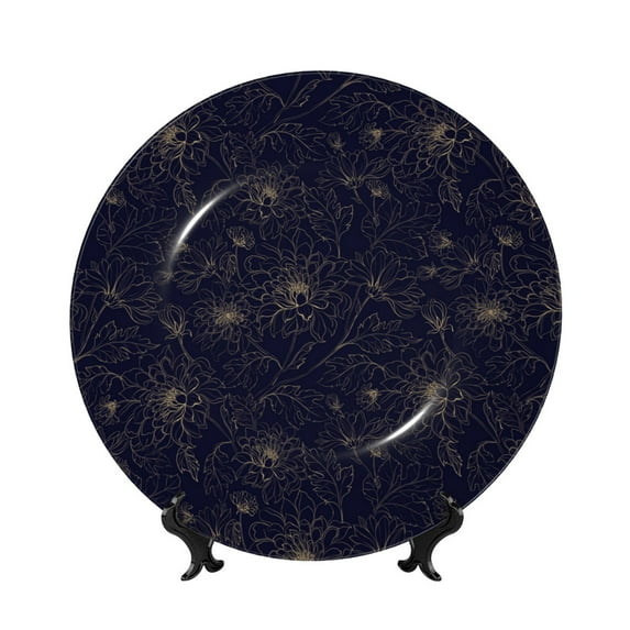 Daiia Copper-Gold Gloss Outline Chrysanthemum Printed Pattern Ceramic Plate Dinner Plates Bone China Decorative Plates with Display Stand Art Ceramic Ornaments for Wall Hanging Decoration-10in