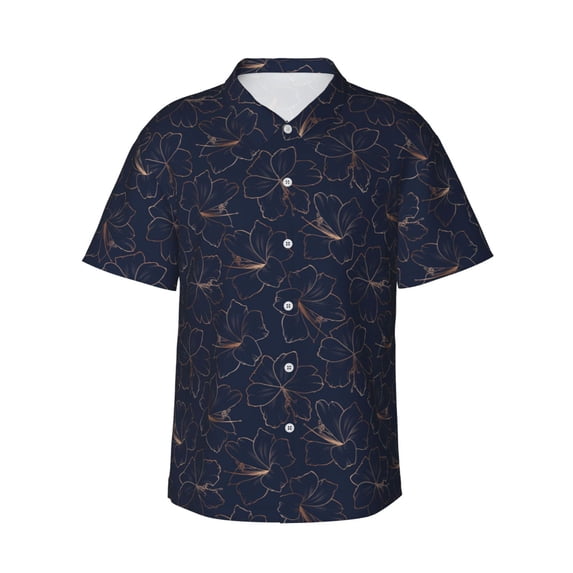 Daiia Copper-Gold Gloss Outline Lily Flower Hawaiian Shirt for Men Gentle Cotton Regular Short Sleeve Casual-Medium