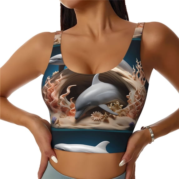 Daiia Coral Fish Dolphin Printed Women's Sports Bra, Breathable Activewear Bra with U-Back Design and Removable Pads, Comfortable and Supportive for Yoga, Workout-Small
