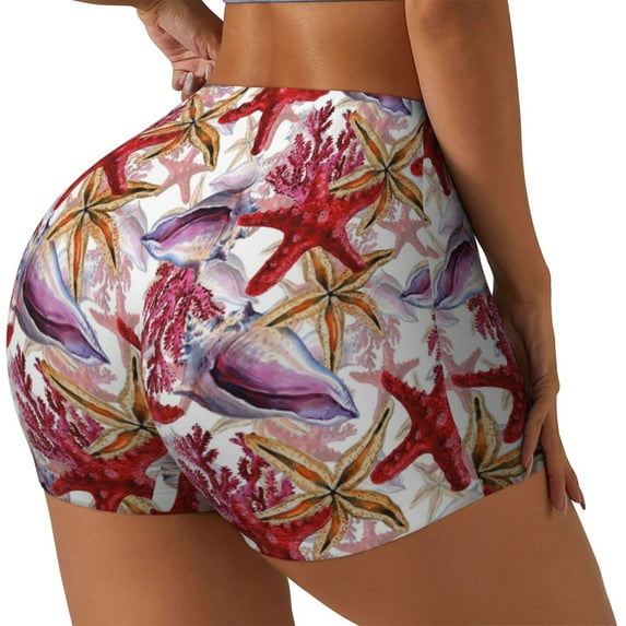 Daiia Coral Reef Pattern Women's Workout Shorts Biker Shorts - High Waisted Workout Spandex Tummy Control Gym Running Yoga Shorts-X-Large