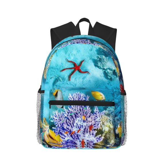 Daiia Corals and Tropical Fish School Backpack for Men Women, Unisex Large Waterproof Bookbag Schoolbag Casual Daypack for High School/College/Teens/Travel/Work Black