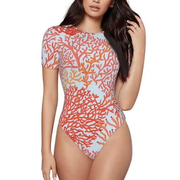Daiia Corals Women'S Crew Neck Short Sleeve Slim Fit T Shirts Tops Basic Bodysuit Leotard Clothing-X-Large