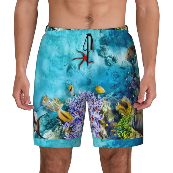 Daiia Corals and Tropical Fish Mens Swim Trunks Swim Shorts Quick Dry Swim Shorts with Mesh Lining Pockets-Large