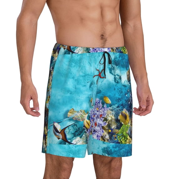 Daiia Corals and Tropical Fish Mens Woven Stretch Pajama Short,Short Pajama Pants-Small