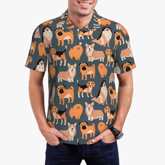 Daiia Corgi Collie Pug Pattern Men’s Polo Shirts,Solid Deck Shirt,Classic Fit, Breathable Cotton Polo for Casual and Sport Wear-Small