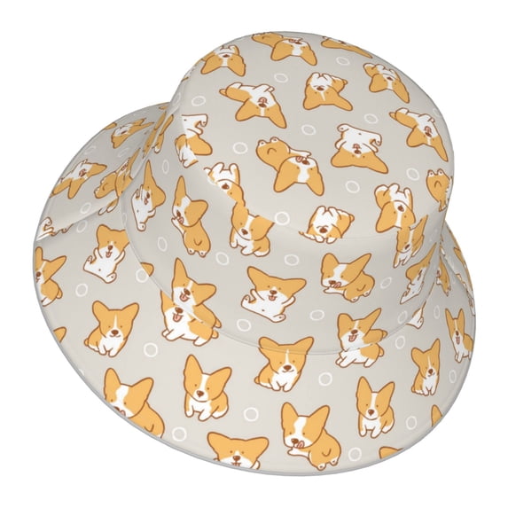 Daiia Corgi Dog Pattern Bucket Hat - Trendy Cotton Sun Hat for Beach, Golf, Fishing - Fun Outdoor Vacation Boonie for Men and Women