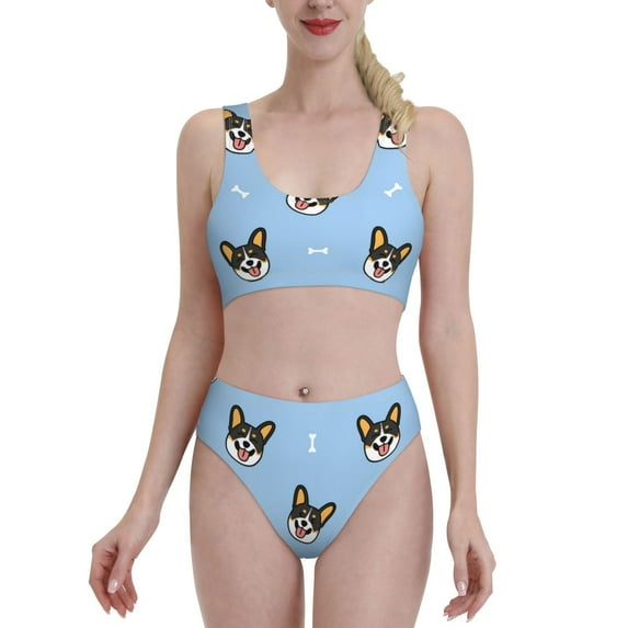Daiia Corgi Dog printed 2 piece Swimsuit Bikinis for Women High Waisted Racerback Bathing Suits Summer Tummy Control Scoop Neck Swimwear-Medium