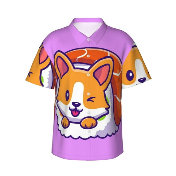 Daiia Corgi In Sushi Roll Hawaiian Shirt for Men Gentle Cotton Regular Short Sleeve Casual-3X-Large