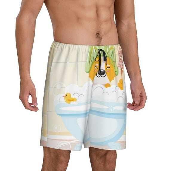Daiia Corgi In The Shower Cap Bathing Mens Woven Stretch Pajama Short,Short Pajama Pants-3X-Large