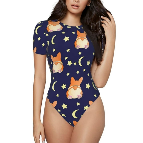 Daiia Corgi Lying With Moons And Stars Women'S Crew Neck Short Sleeve Slim Fit T Shirts Tops Basic Bodysuit Leotard Clothing-Medium