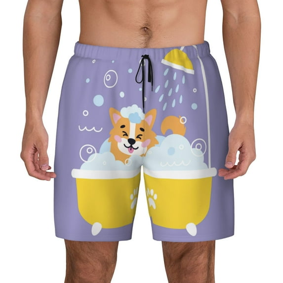 Daiia Corgi Washing in Bathtub Mens Swim Trunks Swim Shorts Quick Dry Swim Shorts with Mesh Lining Pockets-X-Large