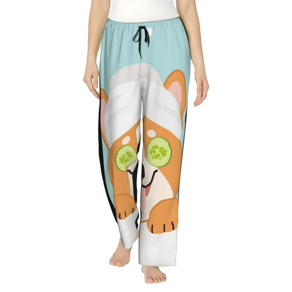 Daiia Corgi With Towel Ans Slice Cucumber Women's Sleep Pant with Pockets and Drawstring,Pajama Pants-Large