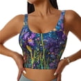 thumbnail image 1 of Daiia Cosmic Purple Irises Printed Women's Sports Bra, Breathable Activewear Bra with U-Back Design and Removable Pads, Comfortable and Supportive for Yoga, Workout-Small, 1 of 8