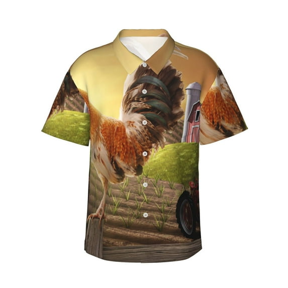 Daiia Country Farm Morning Rooster Hawaiian Shirt for Men Gentle Cotton Regular Short Sleeve Casual-XX-Large