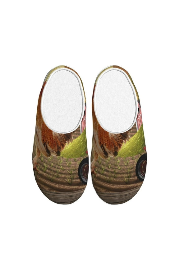 Country Farm Morning Rooster Print Women’s Fuzzy Slippers Memory Foam Lightweight House Shoes Cozy Loafer Flannel House Shoes-35/36