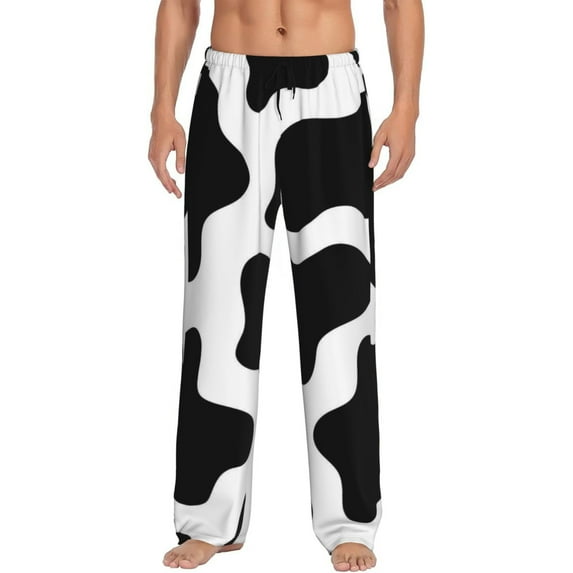 Daiia Cow Print Black White Men's Sleep Pant with Pockets and Drawstring,Pajama Pants-Medium