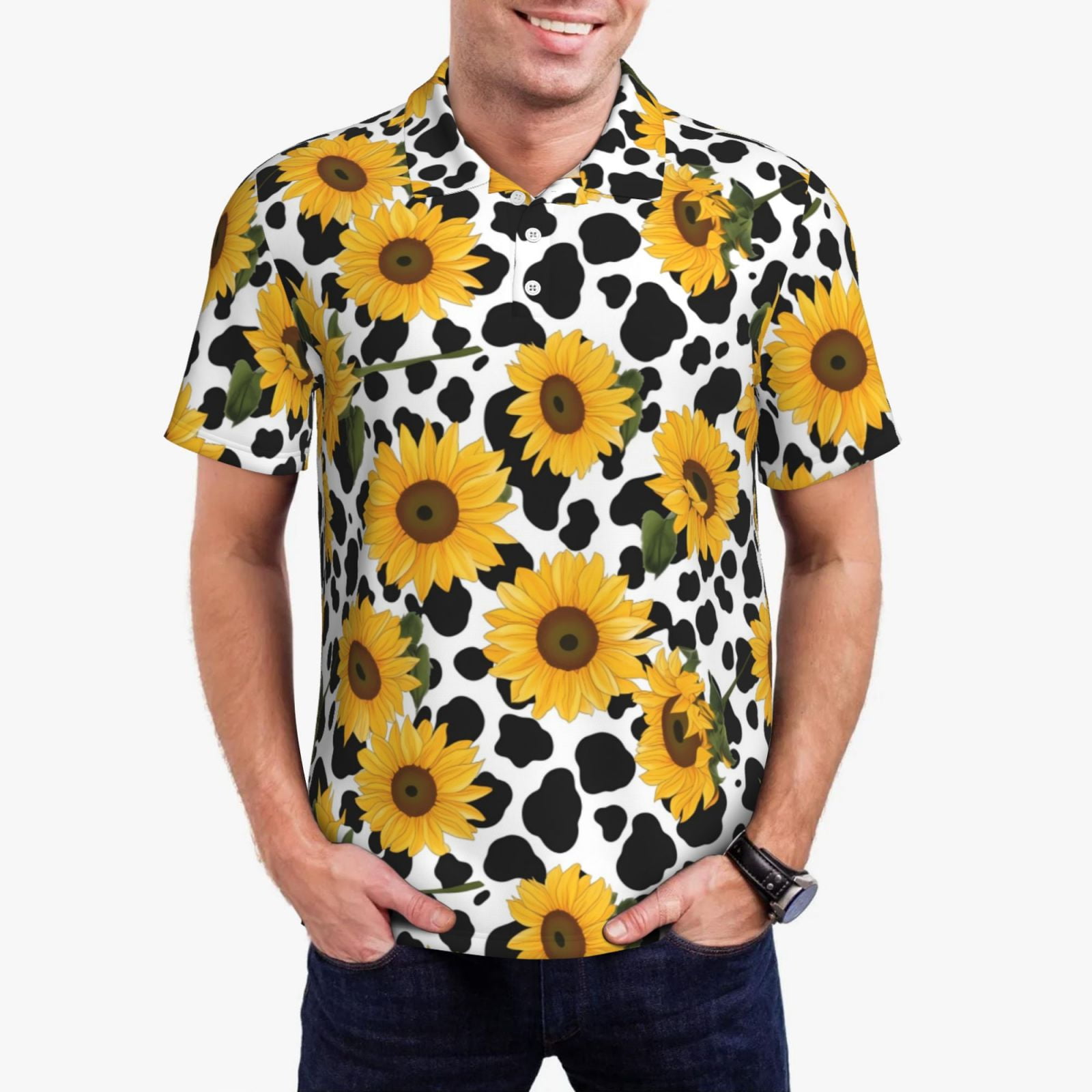 Polo Cow Pattern Daiia Cow Print Sunflower Pattern Men’s Polo Shirts,Solid Deck Shirt ...