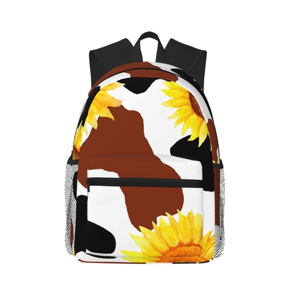 Daiia Sunflower Cow School Backpack for Men Women, Unisex Large Waterproof Bookbag Schoolbag Casual Daypack for High School/College/Teens/Travel/Work Black