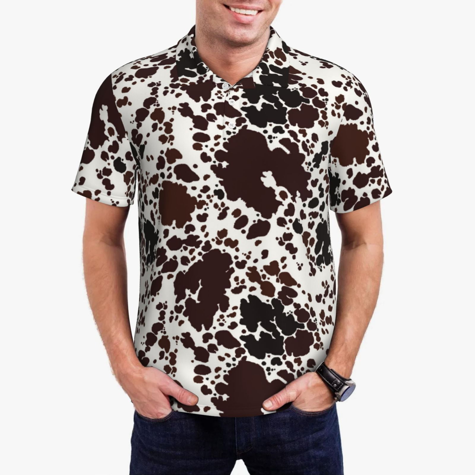 Polo Cow Pattern Daiia Cow Skin Pattern Men’s Polo Shirts,Solid Deck Shirt,Classic Fit ...