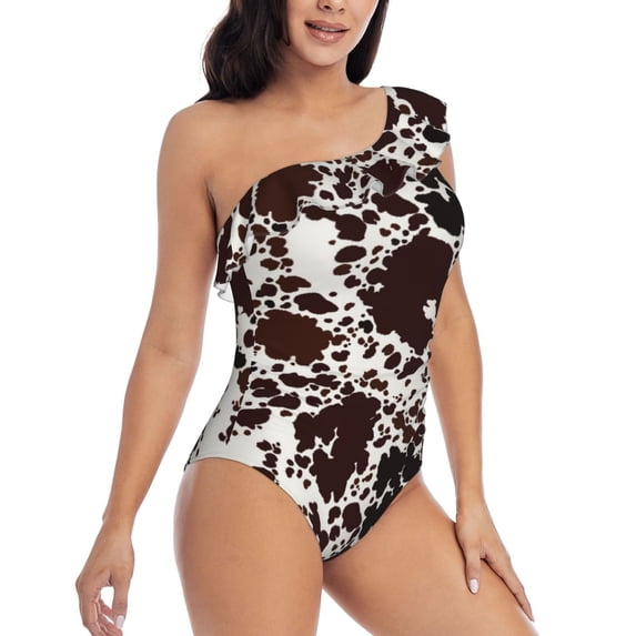 Daiia Cow Skin Women's One Piece Swimsuits Personalized One Shoulder Swimwear Asymmetric Ruffle Bathing Suits-Small