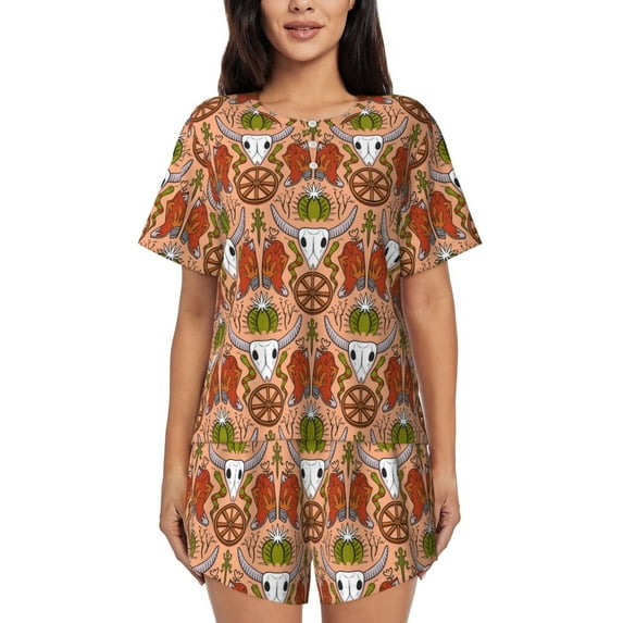 Daiia Cow Skull Pattern Womens Pajama Sets Short Sleeve Pajamas for Women Sets Soft Lounge Sets Casual Round Neck Sleepwear PJS-Small