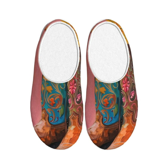 Daiia Cowboy Boots With Flowers Print Women’s Fuzzy Slippers Memory Foam Lightweight House Shoes