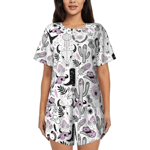 Daiia Cowboy Pattern Womens Pajama Sets Short Sleeve Pajamas for Women Sets Soft Lounge Sets Casual Round Neck Sleepwear PJS-X-Large