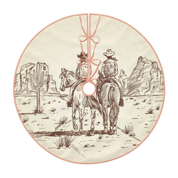 Daiia Cowboys Riding Horses Drawing Merry Christmas Tree Skirt , Xmas Large Lace-up Tree Skirt, Santa Snowflakes Rustic Home Decorations New Year Party Farmhouse Decor-30"