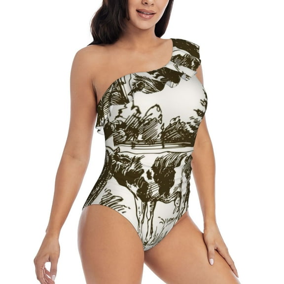 Daiia Cows Grazing On The Meadow Women's One Piece Swimsuits Personalized One Shoulder Swimwear Asymmetric Ruffle Bathing Suits-Large