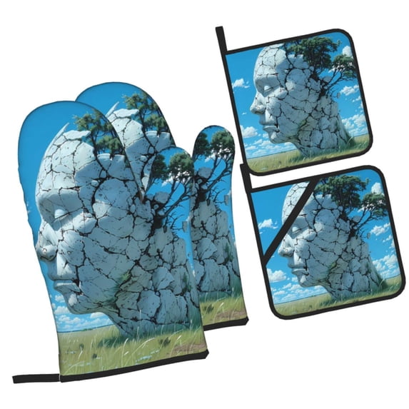 Daiia Cracked Earth Head Tree Pattern Oven Mitts and Pot Holders 4 pcs Set,High Heat Resistant 500 Degree Extra Thicken Long Kitchen Cotton Oven Glove