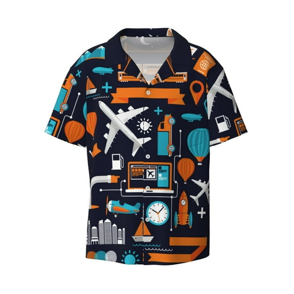 Daiia Creative Transport Men's Linen Shirts Short Sleeve Casual Shirts Button Down Shirt for Men Beach Summer Wedding Shirt-Medium
